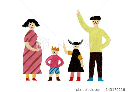 一幅描繪孕婦、兩個孩子和他們父母的家庭插圖。 一幅描繪孕婦、兩個孩子和他們父母的家庭插圖。 143170216