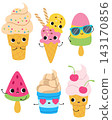 Cute ice cream cartoon character set isolated on white background. Kawaii summer dessert vector collection including waffle cones, popsicles, sundae, and watermelon ice pop with funny faces. 143170856