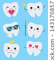 Cute tooth cartoon character set with emotions isolated on blue background. Pediatric dentistry vector collection featuring funny teeth with heart, crown, magic wand, toothbrush, and sunglasses 143170857