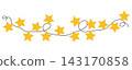 Classic yellow star garland isolated on white background. Golden five point star string lights border for festive christmas design. 143170858