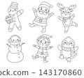 Christmas coloring page set with cute characters for kids isolated on white background. Black line art set featuring santa, reindeer, snowman, gingerbread man, elf, and penguin 143170860