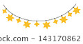 Yellow star garland with alternating star shapes isolated on white background. Golden holiday string lights border for winter celebration decor. 143170862
