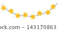 Yellow eight point star garland isolated on white background. Golden string lights border for christmas decoration and festive design. 143170863