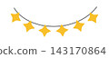 Yellow star garland hanging isolated on white background. Simple golden string light border for holiday decor and winter celebration 143170864