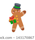 Cute gingerbread man character holding gift box isolated on white background. Kawaii Christmas cookie mascot with top hat for holiday baking and design 143170867