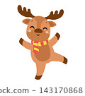 Cute Christmas reindeer character dancing with striped scarf isolated on white background. Kawaii winter deer mascot for holiday cards, stickers, and design 143170868