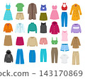 Casual women and men clothes collection set isolated on white background. Flat vector illustration of stylish autumn and summer apparel, dresses, pants, coats, and sweaters. 143170869