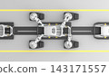 Automotive manufacturing concept from above. Welding robots on an assembly line working on a car frame. 143171557