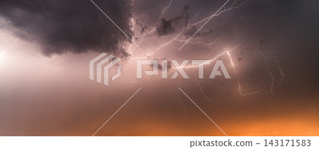 Spectacular Branching Lightning Across Thunderstorm Sky at Sunset Spectacular Branching Lightning Across Thunderstorm Sky at Sunset 143171583