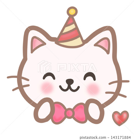 Cute cat wearing party hat and bow tie festive pet mascot element sticker print visual graphic clipart artwork design icon illustration 143171884