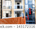 washed clothes drying on rope close-up on balcony 143172316