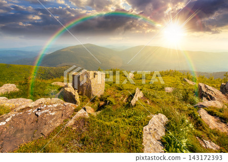 Carpathian mountain landscape in summer at sunset. scenic view of Transcarpathia region from the mnt. Smooth. alpine blueberry field with rock on the Polonyna Runa hill in evening light Carpathian mountain landscape in summer at sunset. scenic view of Transcarpathia region from the mnt. Smooth. alpine blueberry field with rock on the Polonyna Runa hill in evening light 143172393