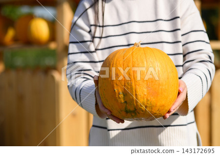 Woman holding large orange pumpkin with both hands at autumn pumpkin patch Woman holding large orange pumpkin with both hands at autumn pumpkin patch 143172695
