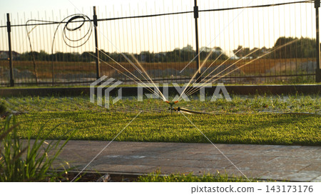 Lawn sprinkler watering fresh green grass and garden at sunset during summer season, irrigation system working Lawn sprinkler watering fresh green grass and garden at sunset during summer season, irrigation system working 143173176