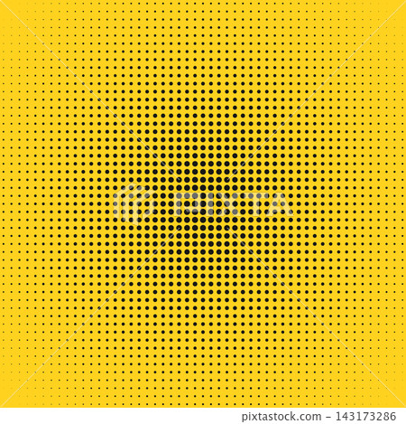 Black halftone dot pattern on a bright yellow background, circular gradient field with dense central points fading toward the edges, modern geometric pop art texture for posters, banners and branding Black halftone dot pattern on a bright yellow background, circular gradient field with dense central points fading toward the edges, modern geometric pop art texture for posters, banners and branding 143173286