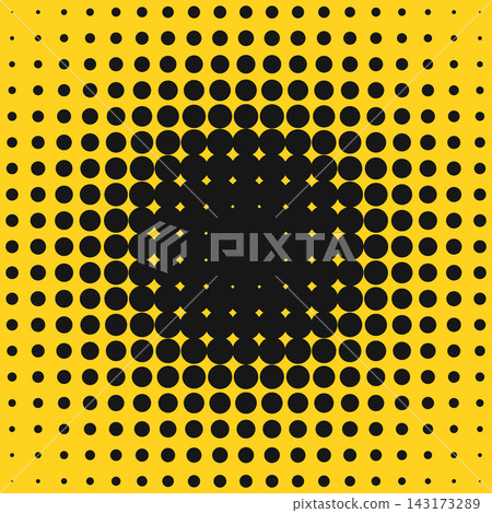 Halftone dot pattern on a vivid yellow background, bold circular geometric composition with dense overlapping dots forming a central shape and fading toward the edges, modern pop art texture Halftone dot pattern on a vivid yellow background, bold circular geometric composition with dense overlapping dots forming a central shape and fading toward the edges, modern pop art texture 143173289