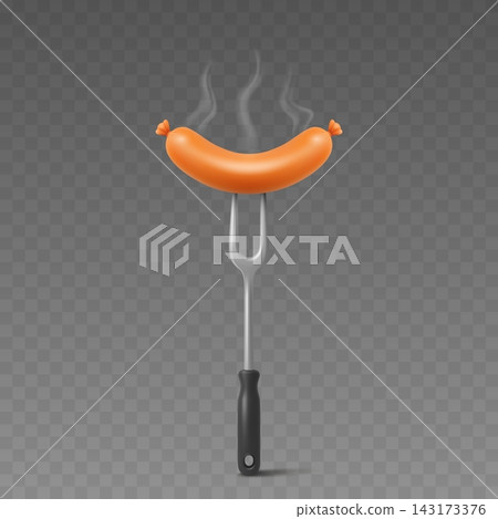 Sausage, 3d Vector Illustration. Grilled Sausage on Barbecue Fork. Realistic Sausage Food Illustration Isolated. BBQ Menu, Cookout, Grill Party, Picnic, Kitchen Design, Fast Food Sausage, 3d Vector Illustration. Grilled Sausage on Barbecue Fork. Realistic Sausage Food Illustration Isolated. BBQ Menu, Cookout, Grill Party, Picnic, Kitchen Design, Fast Food 143173376