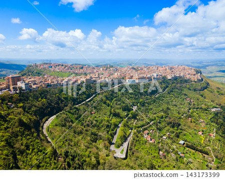 Enna city centre aerial panoramic view, Sicily Enna city centre aerial panoramic view, Sicily 143173399