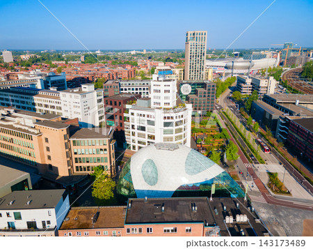 Aerial view of Blob building, Philips Lichttoren in Eindhoven, Netherlands Aerial view of Blob building, Philips Lichttoren in Eindhoven, Netherlands 143173489