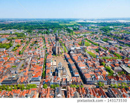 Panoramic aerial view from above Markt square in Delft, Netherlands Panoramic aerial view from above Markt square in Delft, Netherlands 143173530