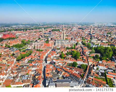 Aerial view of historic skyline in Bruges, Belgium Aerial view of historic skyline in Bruges, Belgium 143173778