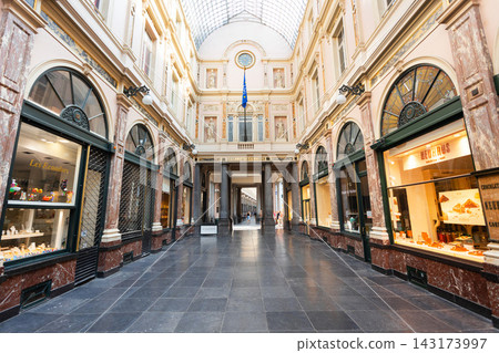 Interior view of Royal Saint Hubert Galleries in Brussels, Belgium Interior view of Royal Saint Hubert Galleries in Brussels, Belgium 143173997