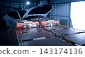 EV car service. Electric vehicle battery pack being serviced or inspected in automotive workshop. Large battery modules and high voltage components. Modern EV power systems. Lithium ion NMC NCA or LFP 143174136
