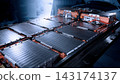 EV car service. Electric vehicle battery pack being serviced or inspected in automotive workshop. Large battery modules and high voltage components. Modern EV power systems. Lithium ion NMC NCA or LFP 143174137