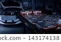 EV car service. Electric vehicle battery pack being serviced or inspected in automotive workshop. Large battery modules and high voltage components. Modern EV power systems. Lithium ion NMC NCA or LFP 143174138
