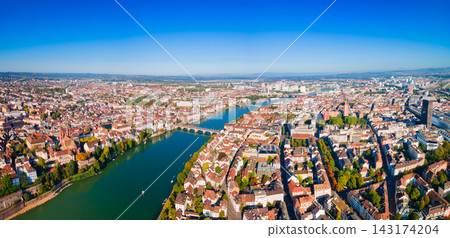 Aerial view of Basel city divided by Rhine river in Switzerland Aerial view of Basel city divided by Rhine river in Switzerland 143174204