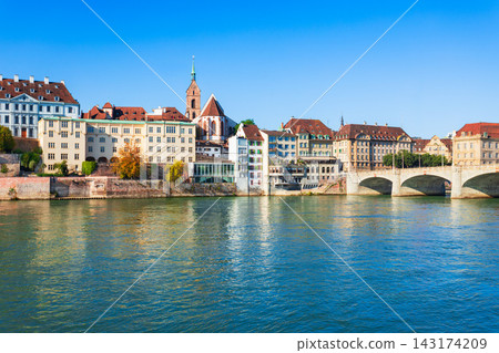 Mittlere Brucke bridge, Rhine river, Martinskirche church in Basel Mittlere Brucke bridge, Rhine river, Martinskirche church in Basel 143174209