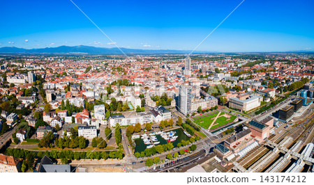 Aerial view of Mulhouse city with historic center and harbor, France Aerial view of Mulhouse city with historic center and harbor, France 143174212