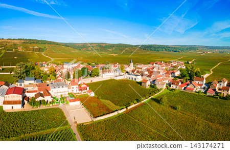 Aerial view Vosne Romanee village, Romanee Conti grand cru vineyards Aerial view Vosne Romanee village, Romanee Conti grand cru vineyards 143174271