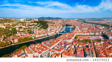 Aerial view of Lyon city centre with rivers in France Aerial view of Lyon city centre with rivers in France 143174321