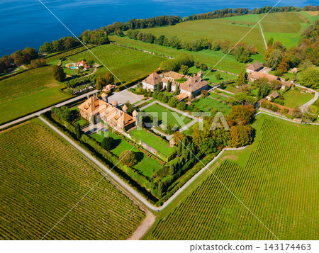 Aerial view Chateau Ripaille castle and vineyards in Thonon les Bains Aerial view Chateau Ripaille castle and vineyards in Thonon les Bains 143174463