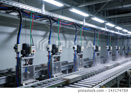 Automated industrial conveyor belt system with electric motors in a modern manufacturing facility Automated industrial conveyor belt system with electric motors in a modern manufacturing facility 143174789