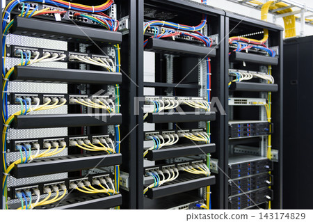 Server rack cabinets with organized network cables and hardware in a modern data center facility 143174829