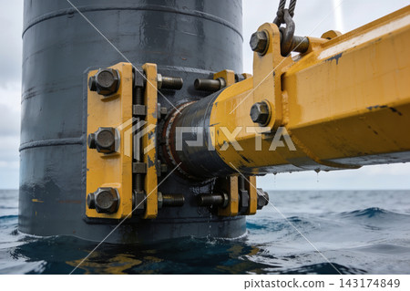 Industrial steel connection detail on an offshore oil platform structure in the open ocean Industrial steel connection detail on an offshore oil platform structure in the open ocean 143174849