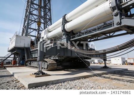 Industrial oil drilling rig machinery on tracks parked on a concrete pad at a work site Industrial oil drilling rig machinery on tracks parked on a concrete pad at a work site 143174861