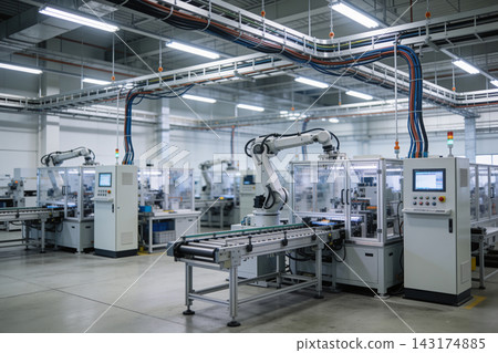 Automated robotic assembly line in a modern manufacturing facility with industrial machinery Automated robotic assembly line in a modern manufacturing facility with industrial machinery 143174885