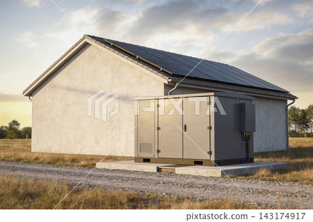 Residential solar panels on a house roof with a large outdoor battery storage unit system Residential solar panels on a house roof with a large outdoor battery storage unit system 143174917