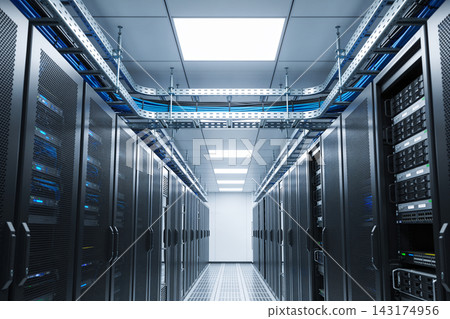 Modern server room aisle with rows of black network cabinets and overhead blue cable management Modern server room aisle with rows of black network cabinets and overhead blue cable management 143174956