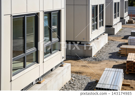 Modern modular building units installed on concrete foundations at a construction site exterior Modern modular building units installed on concrete foundations at a construction site exterior 143174985