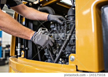 Professional mechanic performing maintenance on a heavy yellow construction equipment engine Professional mechanic performing maintenance on a heavy yellow construction equipment engine 143175016