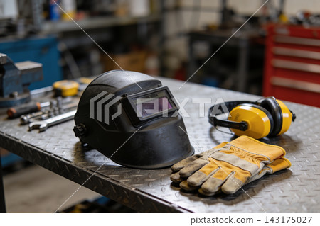 Welding helmet and safety gear on a metal workbench in a professional industrial workshop setting Welding helmet and safety gear on a metal workbench in a professional industrial workshop setting 143175027