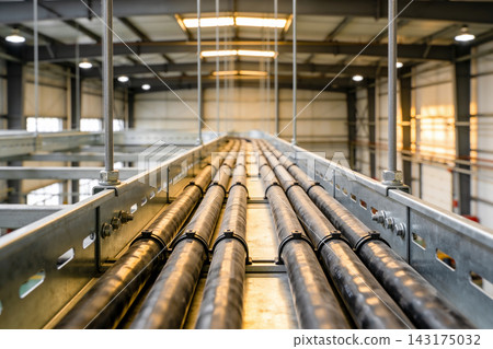 Industrial cable tray system with heavy duty electrical wiring inside a large warehouse facility Industrial cable tray system with heavy duty electrical wiring inside a large warehouse facility 143175032