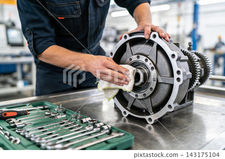 Skilled mechanic cleaning a heavy industrial gear component in a modern manufacturing workshop Skilled mechanic cleaning a heavy industrial gear component in a modern manufacturing workshop 143175104