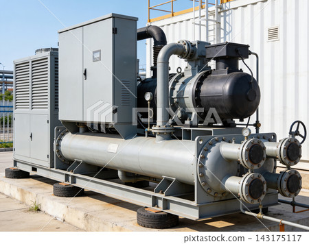 Industrial water chiller unit installed on a concrete base at a manufacturing facility site Industrial water chiller unit installed on a concrete base at a manufacturing facility site 143175117