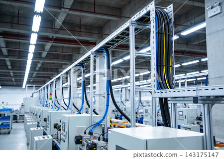 Industrial cable management system installed above automated machinery in a modern factory floor Industrial cable management system installed above automated machinery in a modern factory floor 143175147