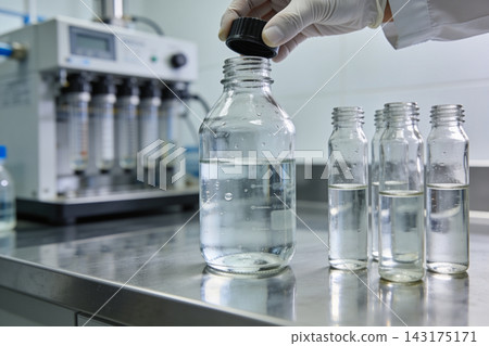 Scientist opening a glass bottle with clear liquid in a modern laboratory testing facility Scientist opening a glass bottle with clear liquid in a modern laboratory testing facility 143175171